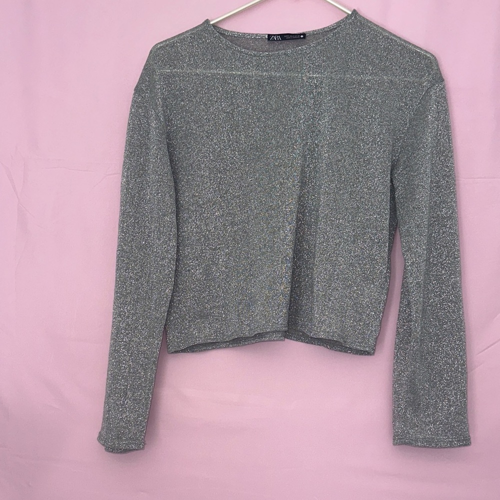 Zara Shimmering Silver Long Sleeve Top